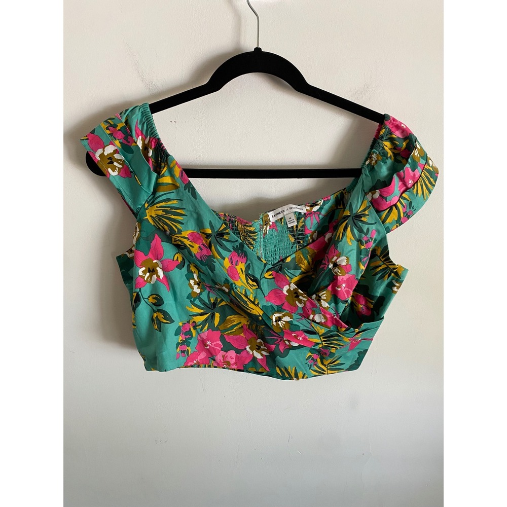 Express x Rocky Barnes Womens Tropical Floral Wrap Front Smocked Crop Top M Teal